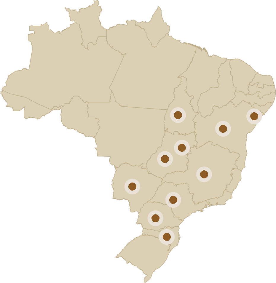 Mapa do Brasil destacando as dez unidades da federação onde a BE.Animal já atuou, nas cinco regiões